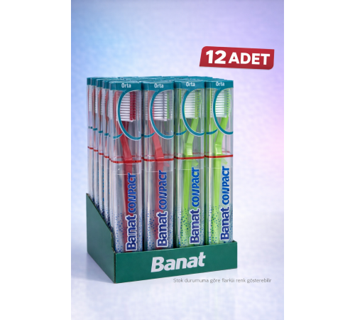 Banat Compact Kutulu Diş Fırçası 12 Adet Orta Sert Standlı Ekonomik Paket