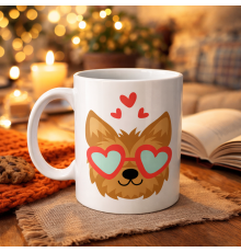 Sevimli Yorkshire Terrier Tasarımlı Porselen Kupa Model 49 – Kalpli Gözlüklü Köpek Desenli, Hediye Kupası