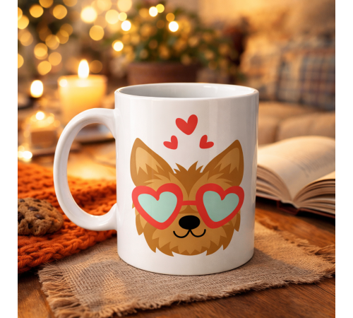 Sevimli Yorkshire Terrier Tasarımlı Porselen Kupa Model 49 – Kalpli Gözlüklü Köpek Desenli, Hediye Kupası