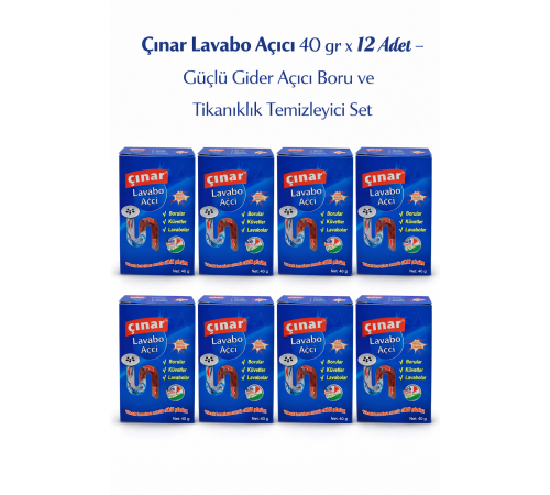 Çınar Lavabo Açıcı 40 gr x 12 Adet – Güçlü Gider Açıcı Boru ve Tıkanıklık Temizleyici Set