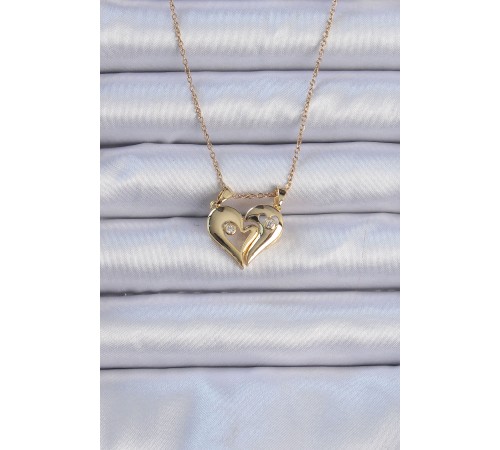 316L Çelik Zincir Altın Renk Zirkon Taşlı Mıknatıslı Kalp Kolye