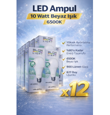 LED Ampul 10 Watt Beyaz Işık 6500K Yüksek Aydınlatma E27 Duy Enerji Tasarruflu 12 Adet