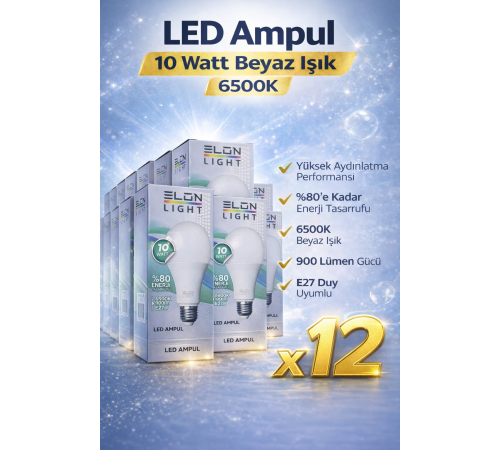 LED Ampul 10 Watt Beyaz Işık 6500K Yüksek Aydınlatma E27 Duy Enerji Tasarruflu 12 Adet