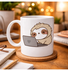 Laptoplu Tembel Hayvan Desenli Porselen Kupa MODEL 109 – Sevimli Sloth Tasarımlı Kahve Kupası , Ofis & Ev İçin Eğlenceli Hediye