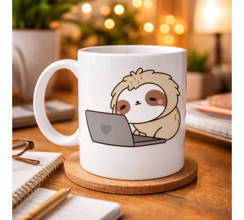 Laptoplu Tembel Hayvan Desenli Porselen Kupa MODEL 109 – Sevimli Sloth Tasarımlı Kahve Kupası , Ofis & Ev İçin Eğlenceli Hediye