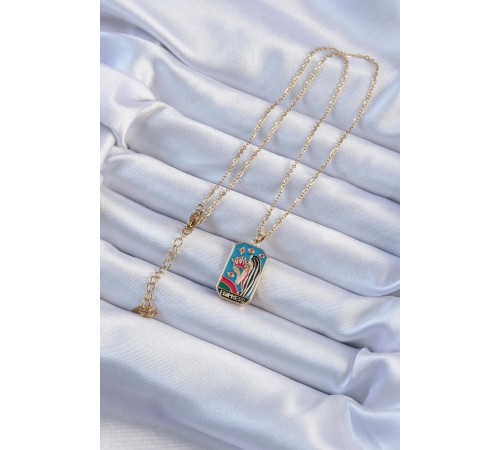 316L Çelik Zincir Altın Renk Taç ve Kız Figürlü Renkli Mineli Tarot Kolye