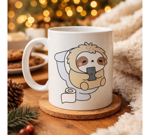 Tembel Hayvan Tasarımlı Porselen Kupa MODEL 108 – Telefonla Takılan Sevimli Sloth Desenli Eğlenceli Kahve Kupası  Hediye Fikri