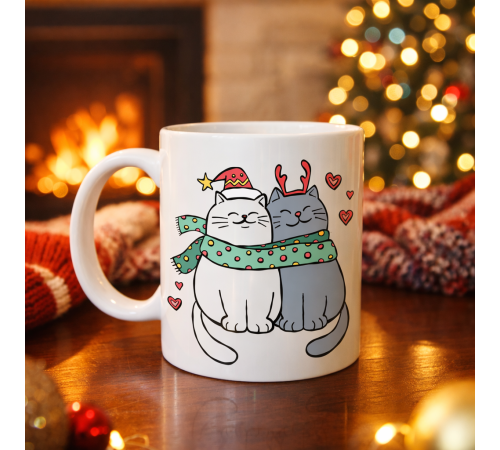 Sevimli Kedi Figürlü Yılbaşı Temalı Porselen Kupa MODEL 75 – Aşık Kediler Desenli, Sıcacık Tasarım, Kahve & Çay Kupası