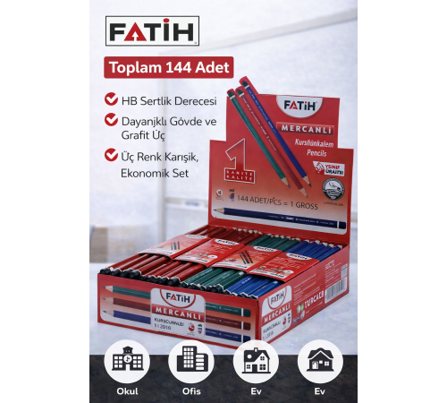 Fatih Mercanlı 12010 HB Kurşun Kalem Silgisiz 144 Adet Karışık Renk