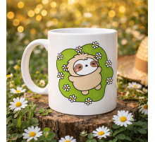 Çiçekli Tembel Hayvan Desenli Porselen Kupa MODEL 110 – Sevimli Sloth Tasarımlı Kahve Kupası , Huzur Veren Hediye