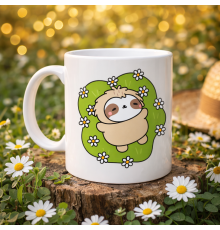 Çiçekli Tembel Hayvan Desenli Porselen Kupa MODEL 110 – Sevimli Sloth Tasarımlı Kahve Kupası , Huzur Veren Hediye