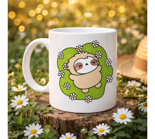 Çiçekli Tembel Hayvan Desenli Porselen Kupa MODEL 110 – Sevimli Sloth Tasarımlı Kahve Kupası , Huzur Veren Hediye