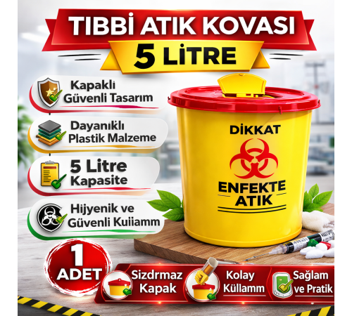 Tıbbi Atık Kovası 5 Litre 1 Adet Kapaklı Tıbbi Atık Kutusu Enfekte Atık Kovası
