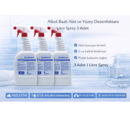 Alkol Bazlı Alet ve Yüzey Dezenfektanı 1 Litre Sprey 3 Adet