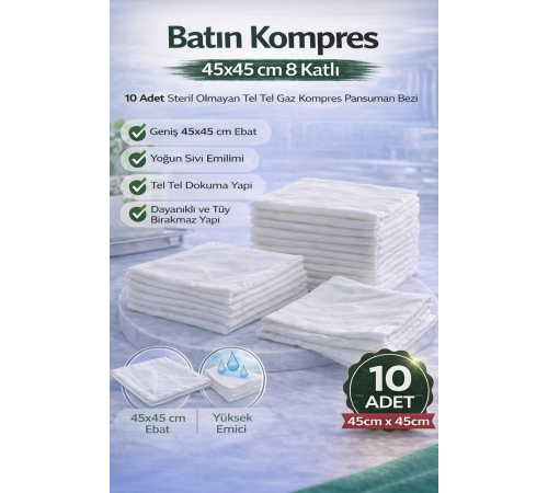 Batın Kompres 45x45 cm 8 Katlı 10 Adet Tel Tel Gaz Kompres Steril Olmayan Pansuman Bezi