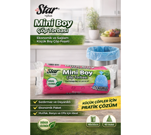 Star Plus Mini Boy Çöp Torbası 40'lı 1 Paket 40x50 cm Dayanıklı Sızdırmaz Küçük Boy Çöp Poşeti