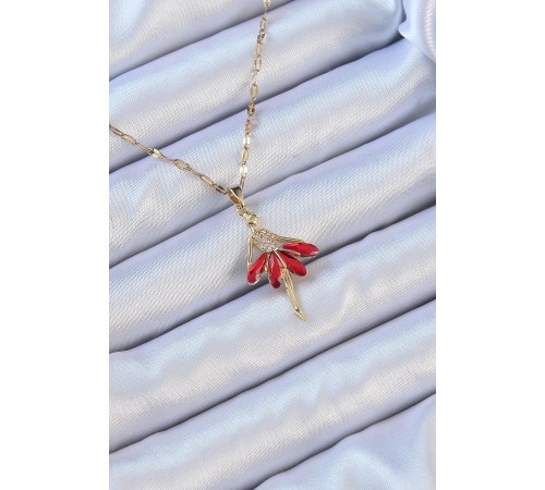 316L Çelik Zincir Altın Renk Kırmızı Etekli Zirkon Taşlı Balerin Kolye