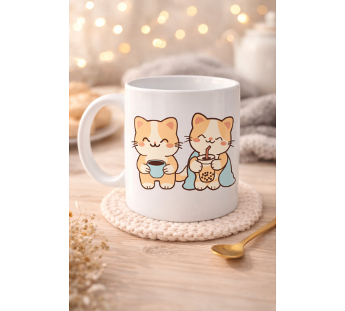 Sevimli Kedi Tasarımlı Porselen Kupa MODEL 194 – İkili Cute Cat Baskılı Kahve Kupası – Kedi Severlere Hediyelik Porselen Kupa Bardak 330 ml