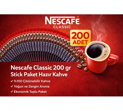 Kahve Classic 2 gr Stick Hazır Kahve 200 Adet %100 Çözünebilir Yoğun Aromalı Ekonomik Paket