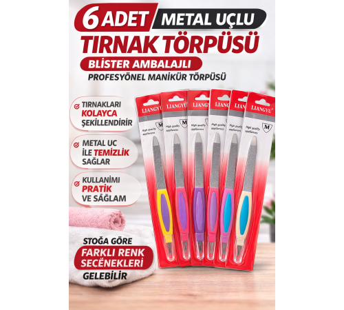 6 Adet Metal Uçlu Tırnak Törpüsü Blister Ambalajlı Profesyonel Manikür Törpüsü Seti