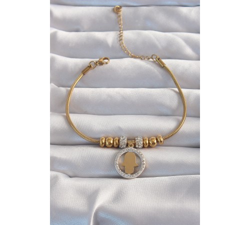 316L Çelik Gold Renk Zirkon Taş Aksesuarlı Fatma Ana Eli Bileklik