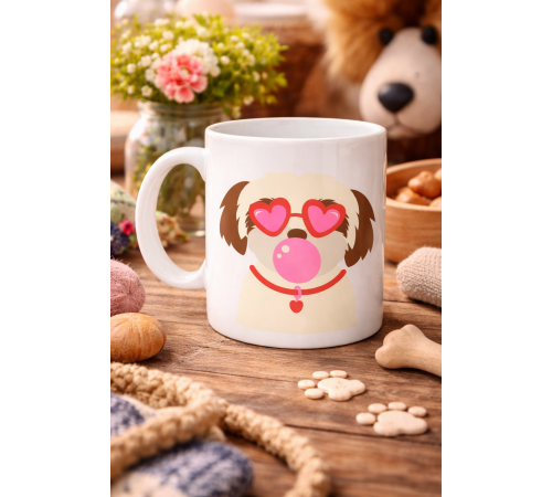 Kalpli Gözlüklü Shih Tzu Tasarımlı Porselen Kupa MODEL 53 – Sevimli Köpek Figürlü Kahve & Çay Kupası