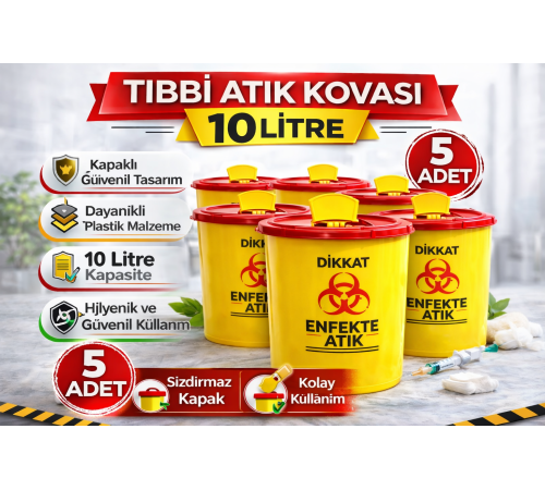 Tıbbi Atık Kovası 10 Litre 5 Adet Kapaklı Tıbbi Atık Kutusu Enfekte Atık Kovası Seti