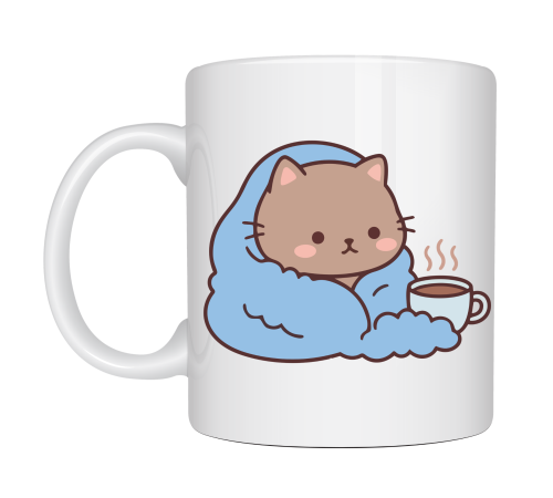 Battaniyeye Sarılmış Sevimli Kedi Tasarımlı Porselen Kupa MODEL 189 – Kahve Temalı Tatlı Kedi Kahve Kupası – Kedi Severlere Hediye Kupa