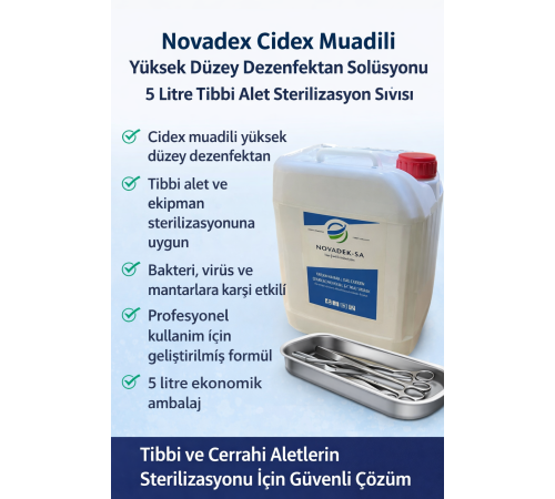 Novadex   Yüksek Düzey Dezenfektan Solüsyonu 5 Litre Tıbbi Alet Sterilizasyon Sıvısı