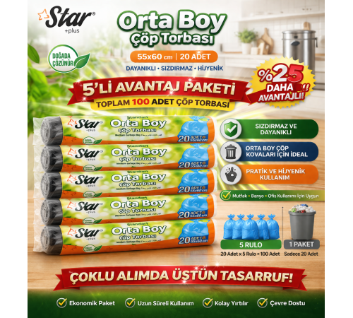 Star Plus Orta Boy Çöp Torbası 20'li 5 Paket 55x60 cm Dayanıklı Sızdırmaz Orta Boy Çöp Poşeti