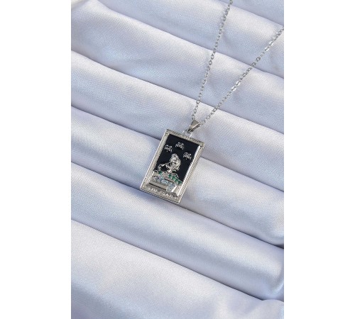 316L Çelik Zincir Gümüş Renk Zirkon Taşlı Siyah Mineli Kız Figürlü Tarot Kolye