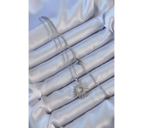 316L Çelik Zincir Gümüş Renk Zirkon Taşlı Parlayan Güneş Kolye