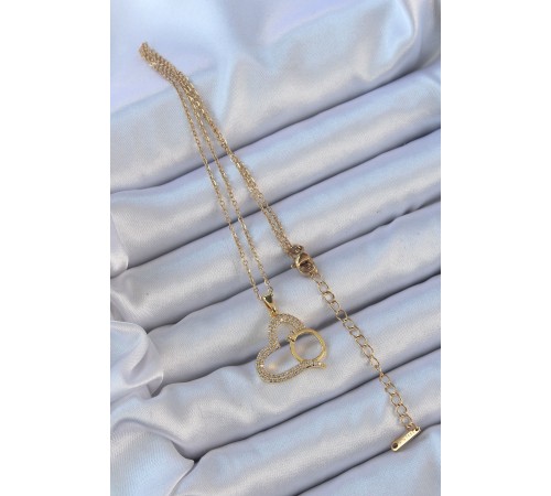 316L Çelik Zincir Altın Renk Zirkon Taşlı Yüzüklü Kalp Kolye