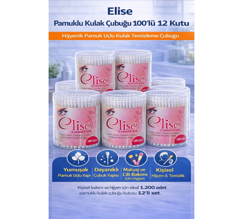 Elise Pamuklu Kulak Çubuğu 100'lü 12 Kutu Toplam 1200 Adet Pamuk Uçlu Kulak Temizleme Çubuğu Seti