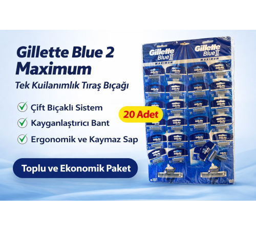 Jilet Blue 2 Maximum Tek Kullanımlık Tıraş Bıçağı 20 Adet Ekonomik Paket