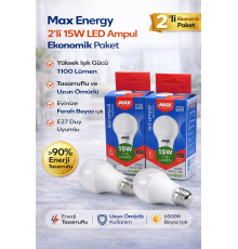 Max Energy 15W LED Ampul E27 Duy 6500K Beyaz Işık 1100 Lümen Tasarruflu Ampul 2 Adet