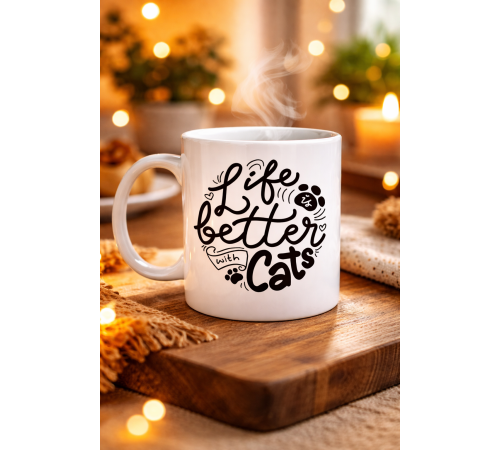 Life is Better With Cats – Kedi Severlere Özel Porselen Kupa MODEL 59 Sevimli Tasarım Hediyelik Kahve Kupası