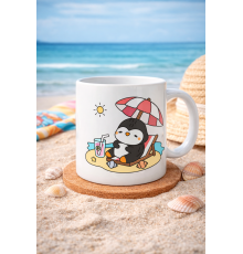 Sevimli Penguen Yaz Tatili Tasarımlı Porselen Kupa MODEL 200 – Penguen Baskılı Kahve Kupası – Yaz Temalı Eğlenceli Hediye Kupa