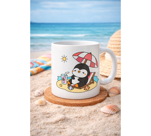 Sevimli Penguen Yaz Tatili Tasarımlı Porselen Kupa MODEL 200 – Penguen Baskılı Kahve Kupası – Yaz Temalı Eğlenceli Hediye Kupa