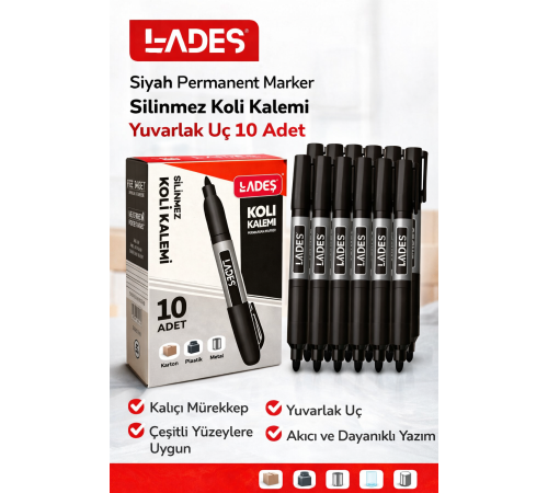Lades Siyah Permanent Marker Silinmez Koli Kalemi Yuvarlak Uç 10 Adet