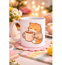 Sevimli Kedi Tasarımlı Porselen Kupa MODEL 188 – Kahve İçen Tatlı Kedi Figürlü Kahve Kupası – Kedi Severlere Hediye Kupa Bardak