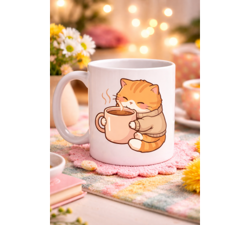 Sevimli Kedi Tasarımlı Porselen Kupa MODEL 188 – Kahve İçen Tatlı Kedi Figürlü Kahve Kupası – Kedi Severlere Hediye Kupa Bardak