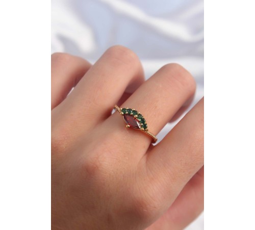 Pirinç Altın Renk Renkli Zirkon Taşlı Ayarlanabilir Karpuz Model Yüzük