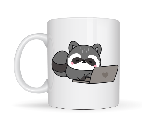 Laptoplu Sevimli Rakun Desenli Porselen Kupa MODEL 114 – Ofis İçin Eğlenceli Kahve Kupası , Çalışanlara Özel Tatlı Hediye