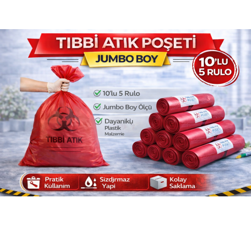 Tıbbi Atık Poşeti Jumbo Boy 10'lu 5 Rulo Kırmızı Tıbbi Atık Atık Poşeti Seti