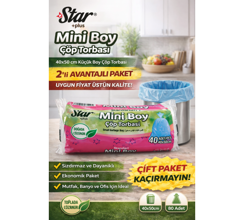 Star Plus Mini Boy Çöp Torbası 40'lı 2 Paket 40x50 cm Dayanıklı Sızdırmaz Küçük Boy Çöp Poşeti