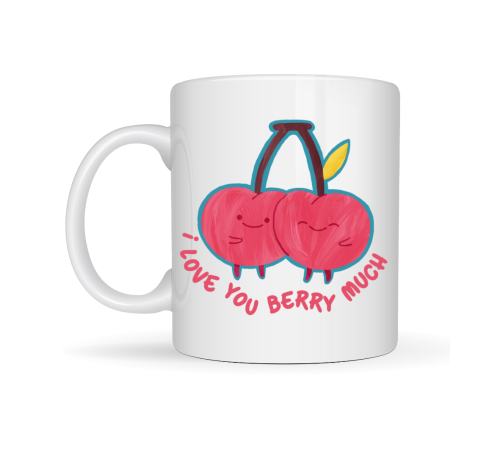 I Love You Berry Much Tasarımlı Kupa Model 12 Sevimli Kiraz Desenli Porselen Kahve Kupası - Hediye Fincanı