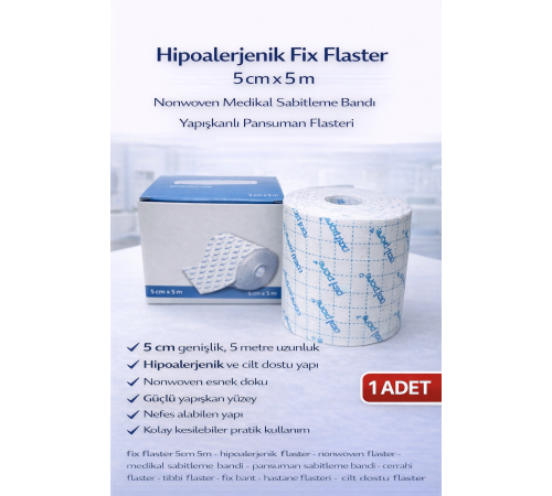 Hipoalerjenik Fix Flaster 5 cm x 5 m Nonwoven Medikal Sabitleme Bandı Yapışkanlı Pansuman Flasteri