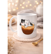 Sevimli Kedi Tasarımlı Porselen Kupa MODEL 195 – Kahve İçinde Kedi Baskılı Porselen Kahve Kupası – Kedi Severler İçin Hediyelik Porselen Kupa Bardak 330 ml
