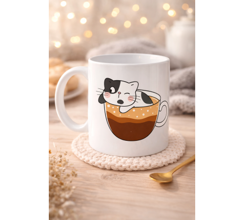 Sevimli Kedi Tasarımlı Porselen Kupa MODEL 195 – Kahve İçinde Kedi Baskılı Porselen Kahve Kupası – Kedi Severler İçin Hediyelik Porselen Kupa Bardak 330 ml